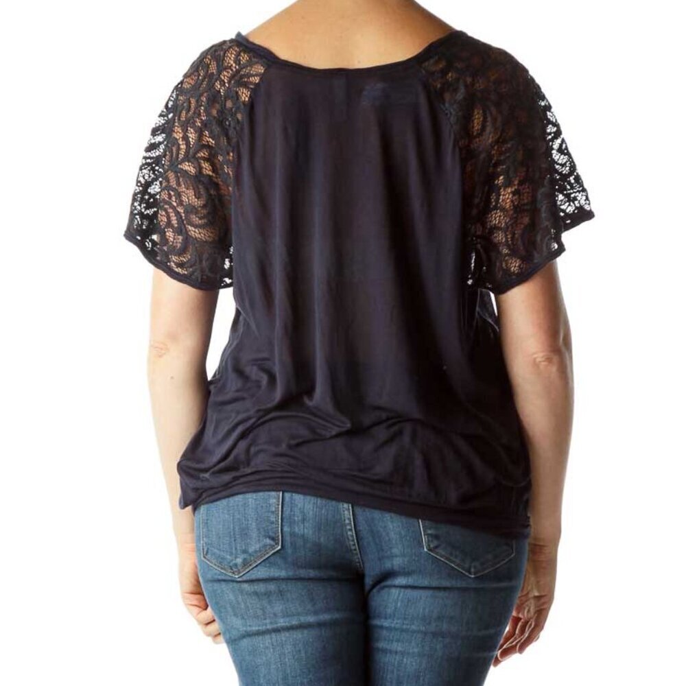 Free People Navy Lace-Sleeve Scoop Neck Top - Picture 3 of 3